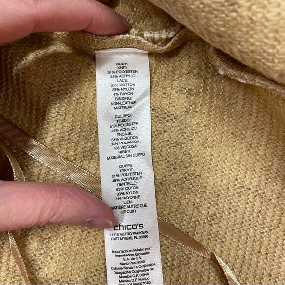 Chicos Bonded Lace Henrietta Cardigan Jacket Faux Leather Tan White Size 2 Large - Picture 3 of 6